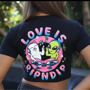 Ripndip Black Crop Top with Cat and Alien Graphic